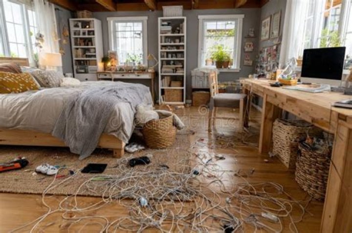 A bedroom filled with clutter on the floor is seen in Skinamarink.