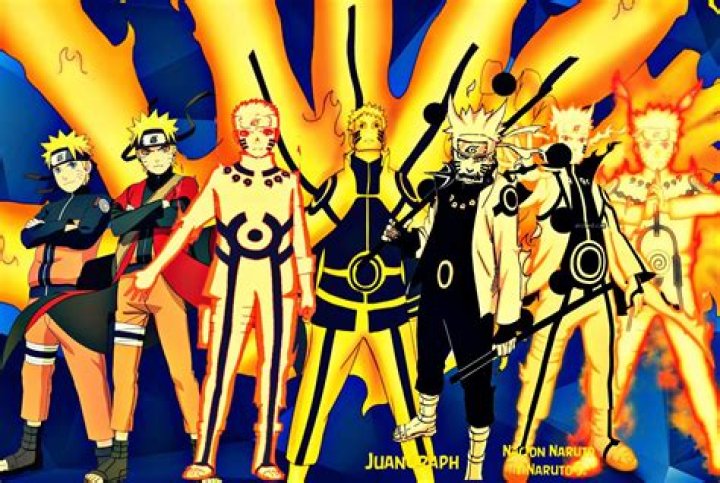 Multiple Narutos are shown in front of a flaming background.